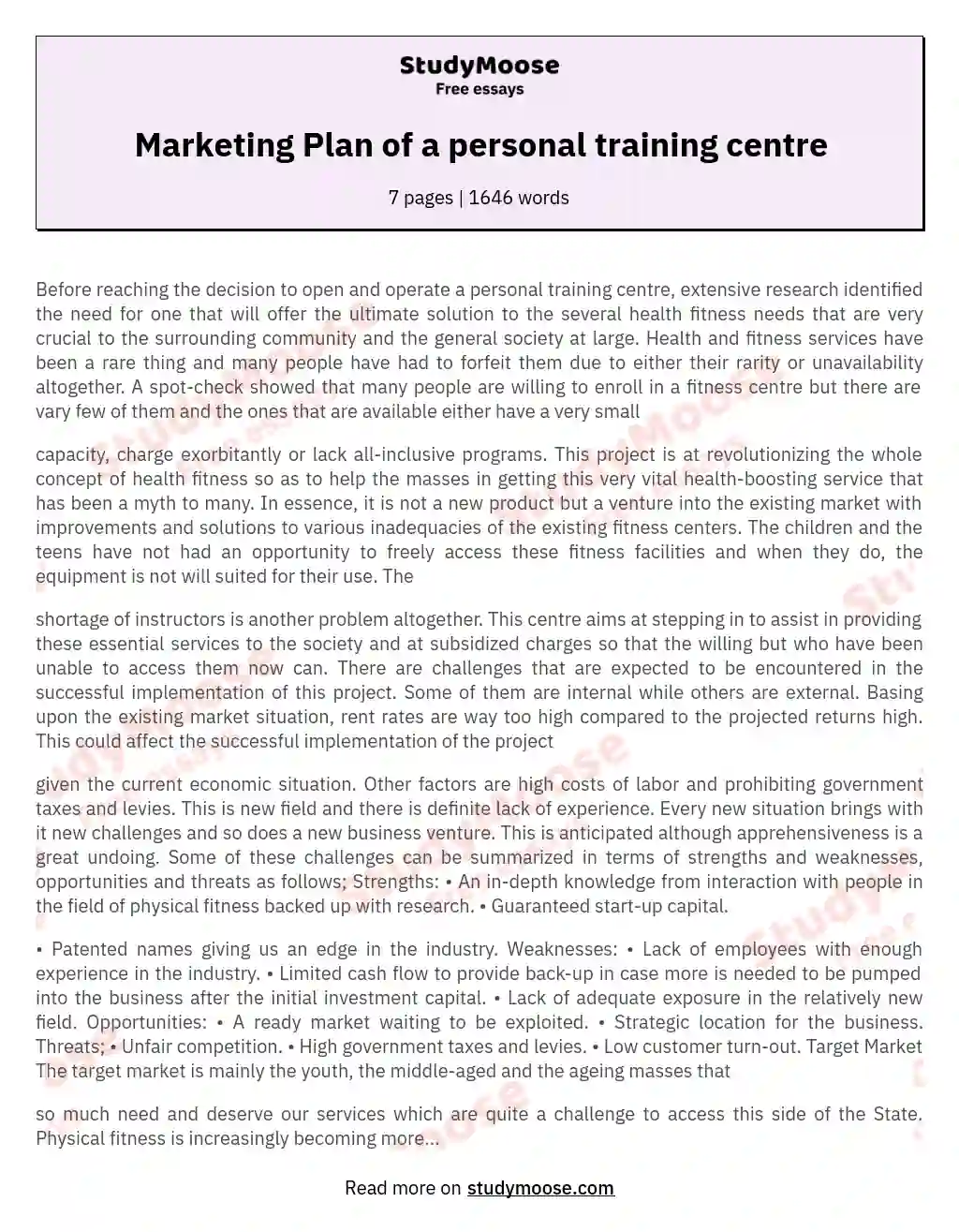 Marketing Plan of a personal training centre essay