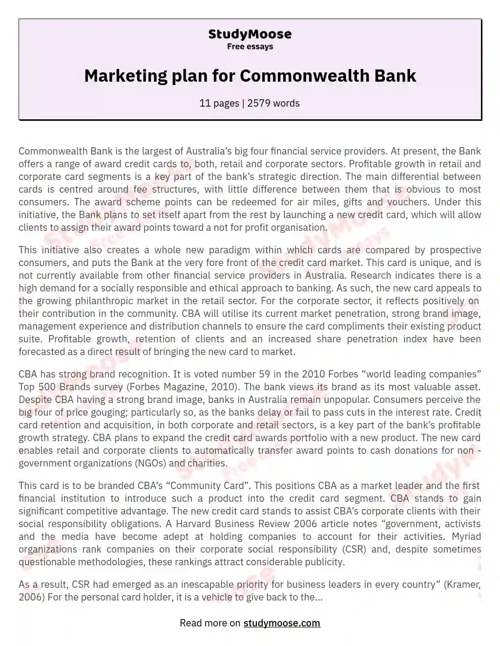 Marketing plan for Commonwealth Bank essay