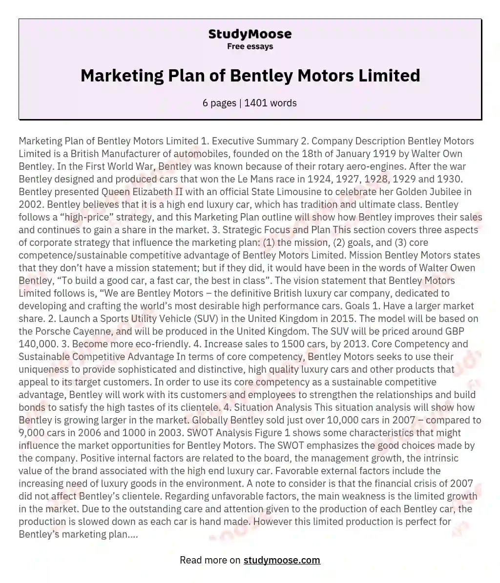 Marketing Plan of Bentley Motors Limited essay