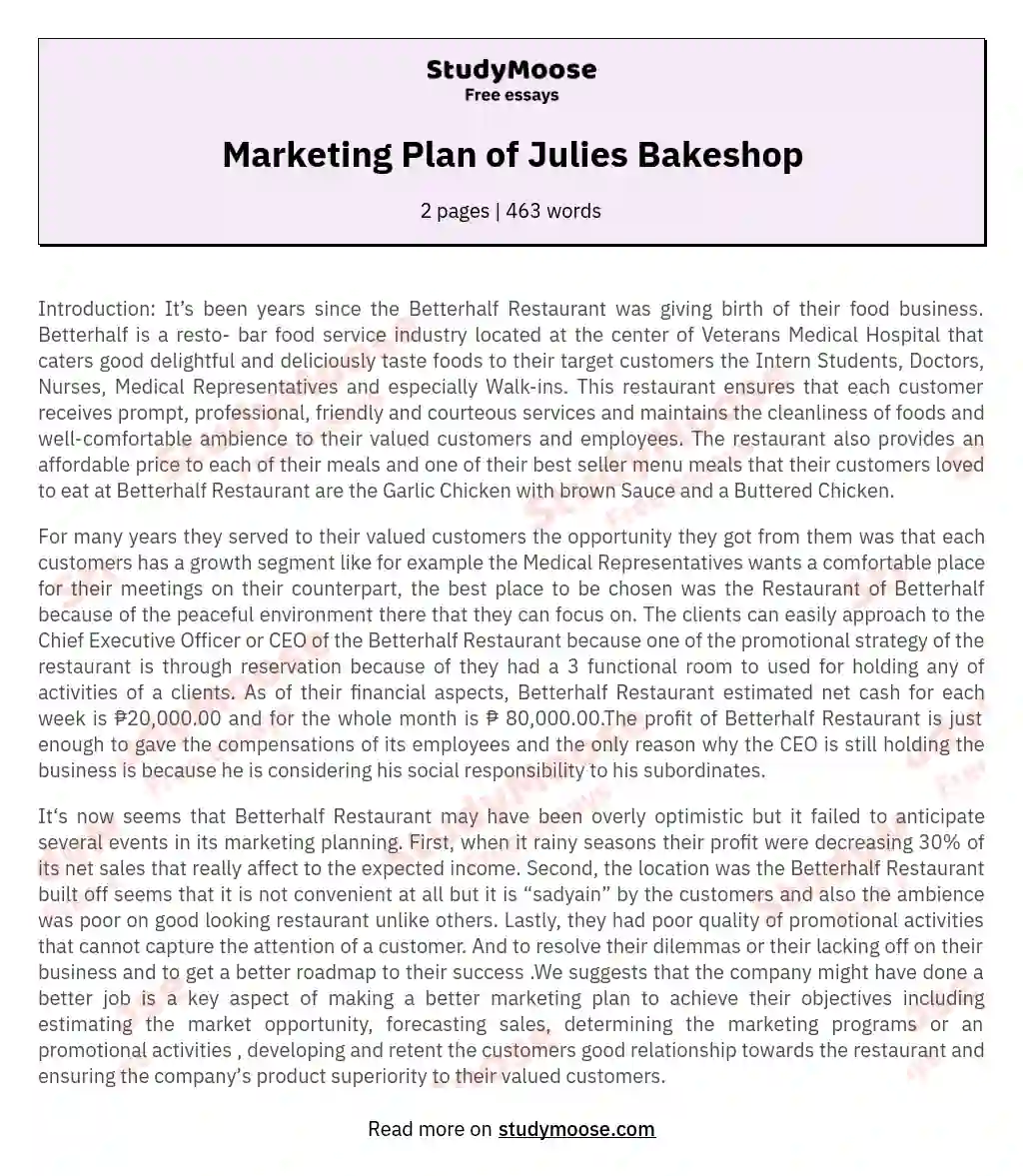 Marketing Plan of Julies Bakeshop essay