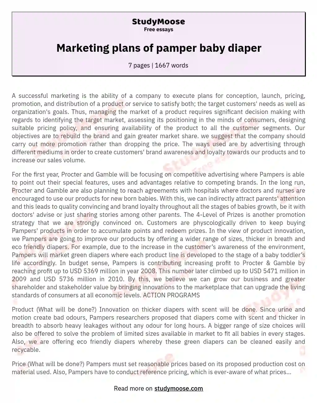 Marketing plans of pamper baby diaper essay
