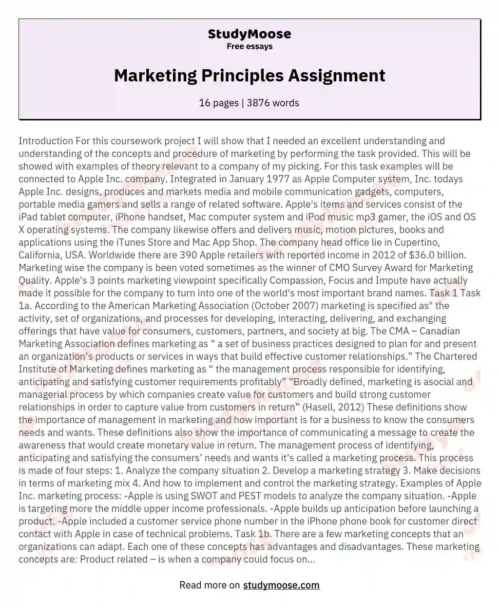 Marketing Principles Assignment essay