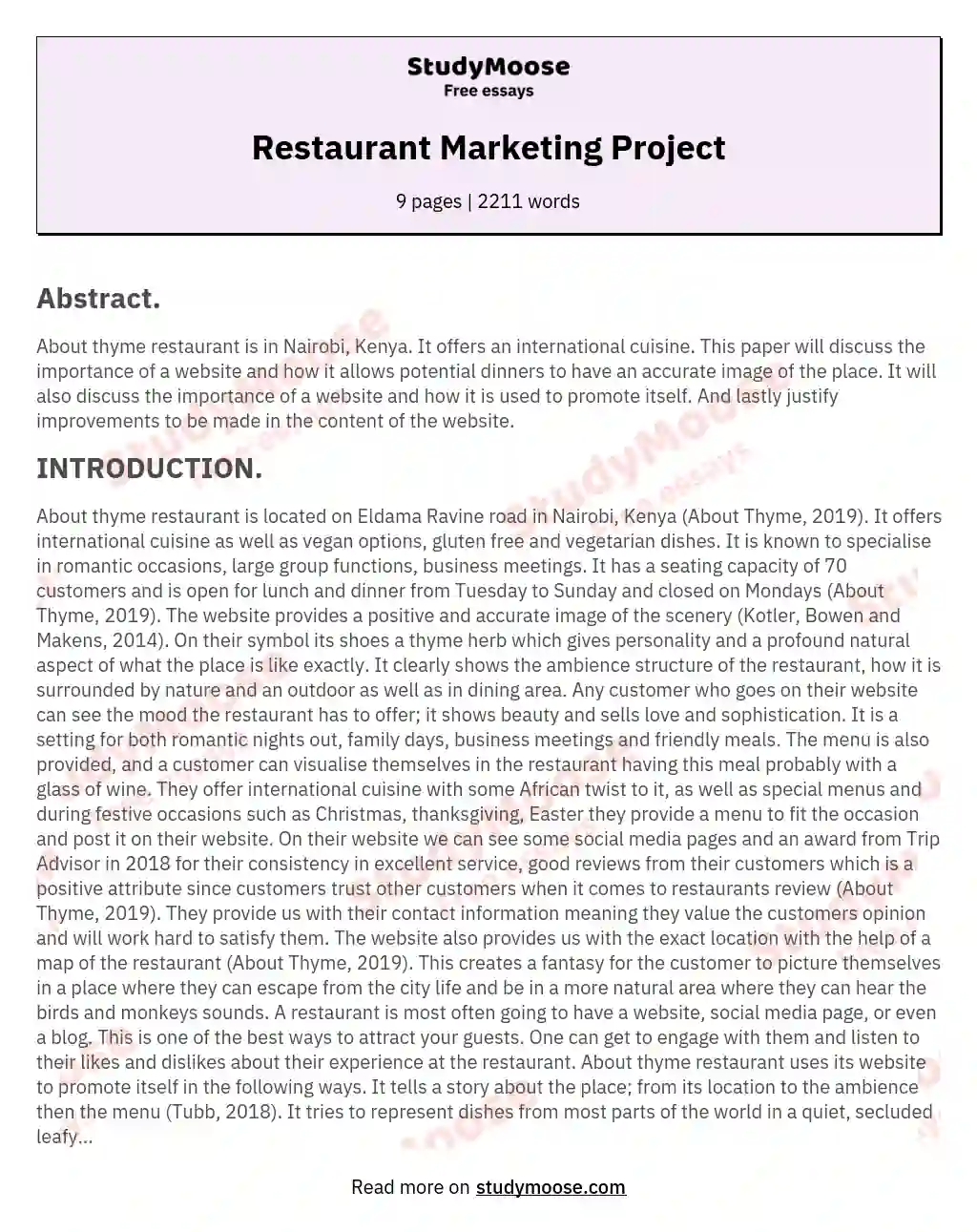 Restaurant Marketing Project essay