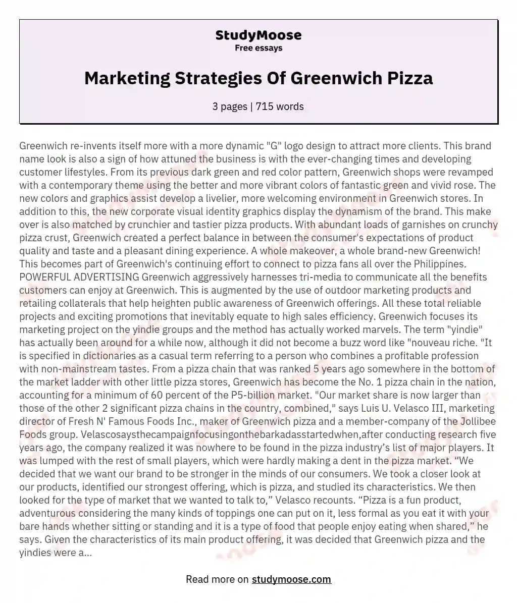 Marketing Strategies Of Greenwich Pizza essay