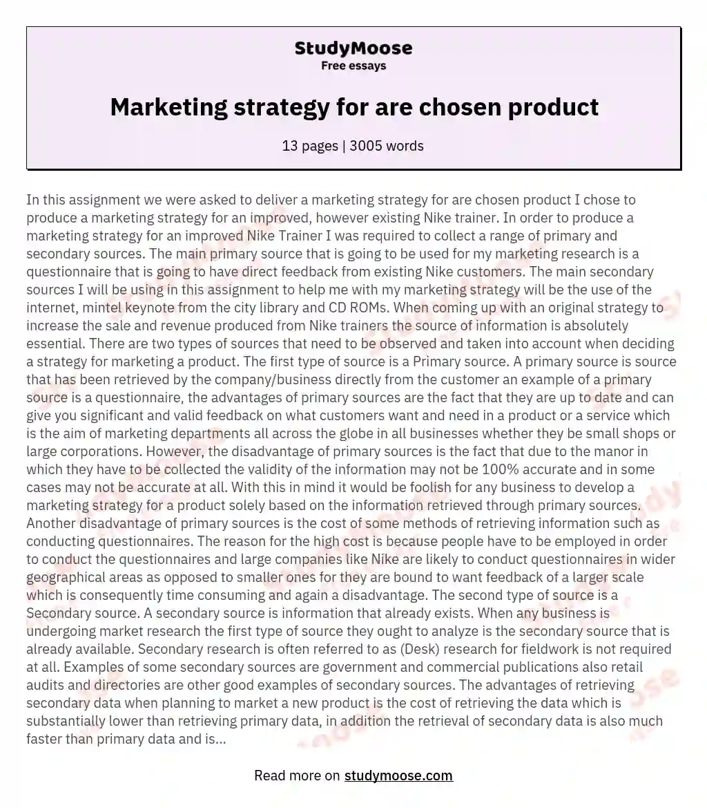 Marketing strategy for are chosen product essay