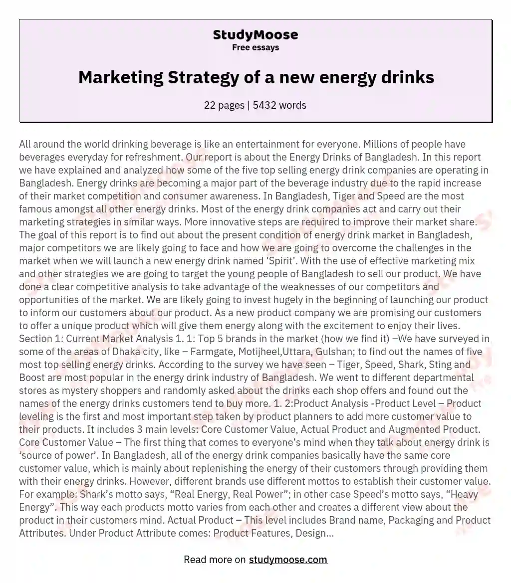 Marketing Strategy of a new energy drinks essay
