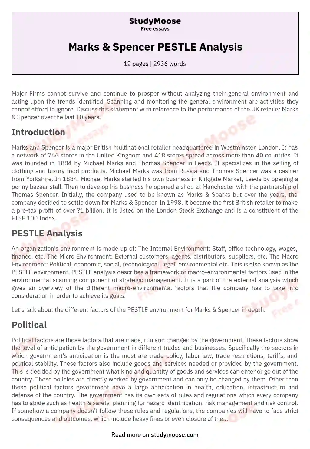 Marks & Spencer PESTLE Analysis essay