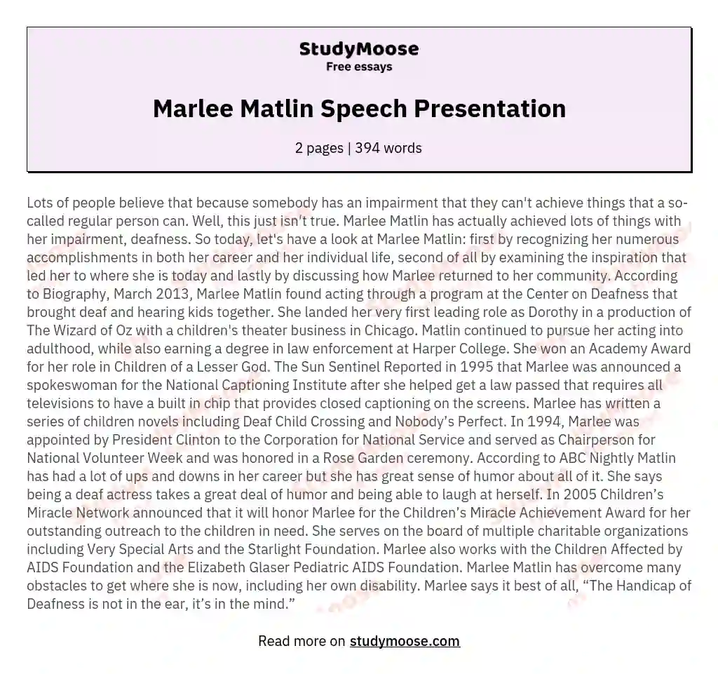 Marlee Matlin Speech Presentation essay