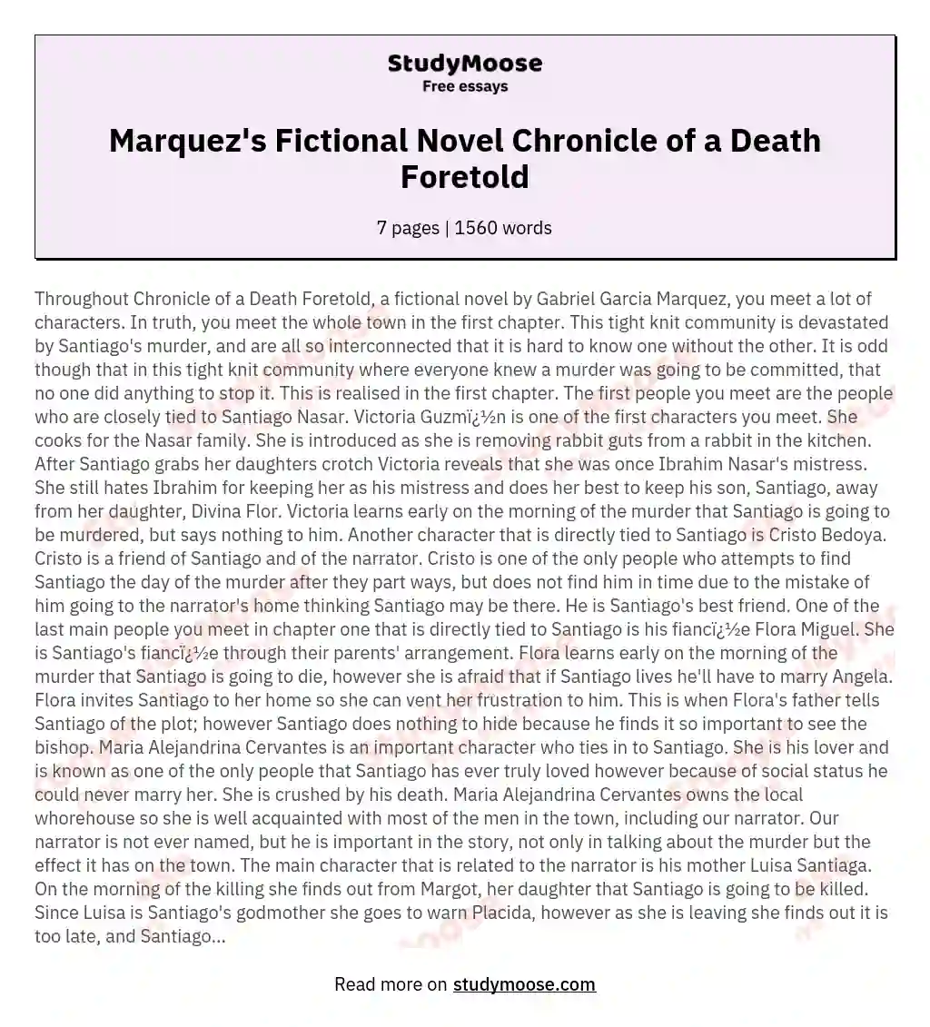 Marquez's Fictional Novel Chronicle of a Death Foretold essay