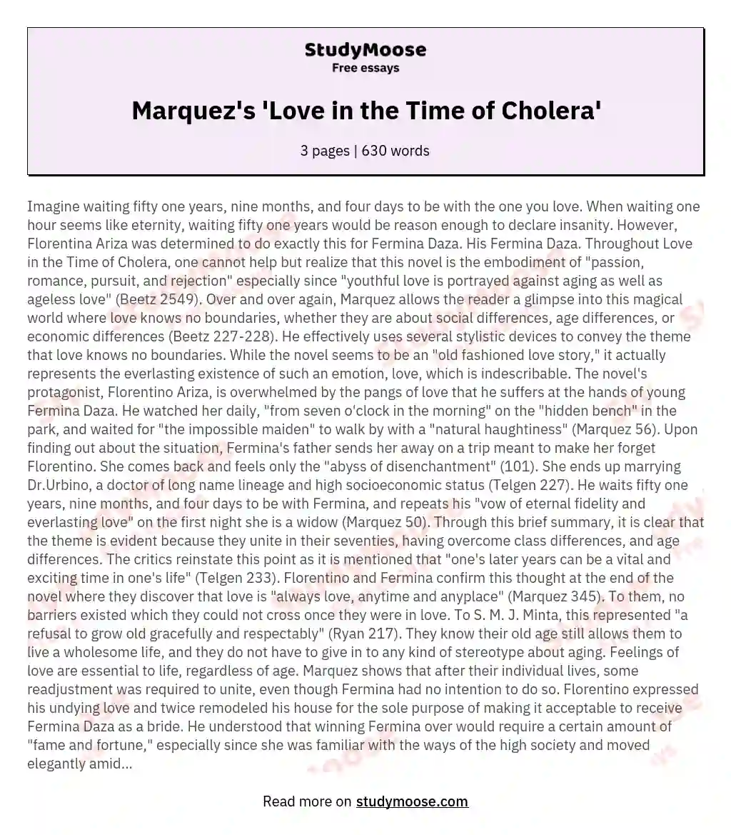 Marquez's 'Love in the Time of Cholera' essay