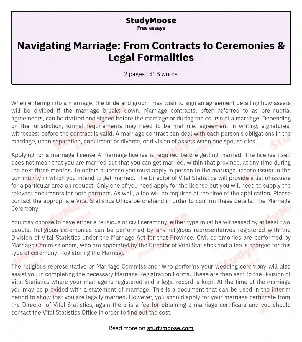Navigating Marriage: From Contracts to Ceremonies & Legal Formalities essay