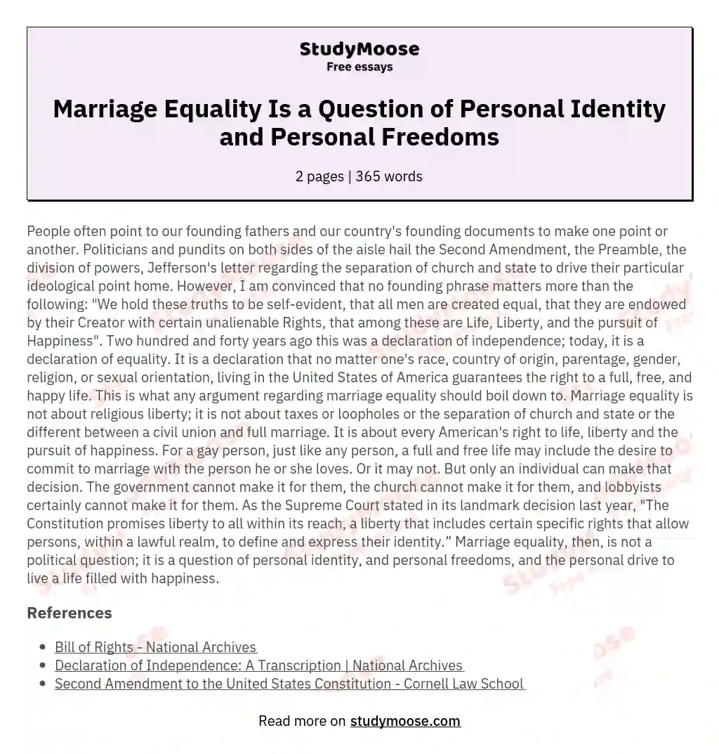 Marriage Equality Is a Question of Personal Identity and Personal Freedoms essay