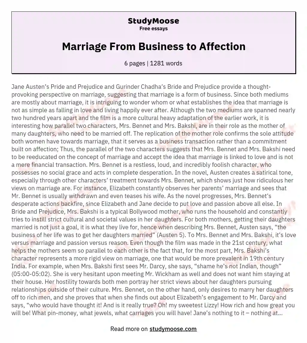 Marriage From Business to Affection essay