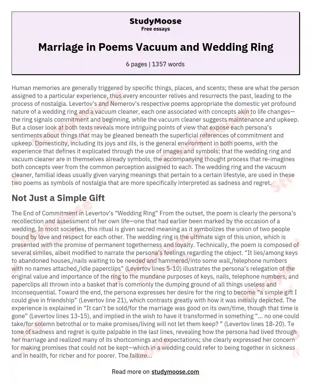 Marriage in Poems Vacuum and Wedding Ring essay