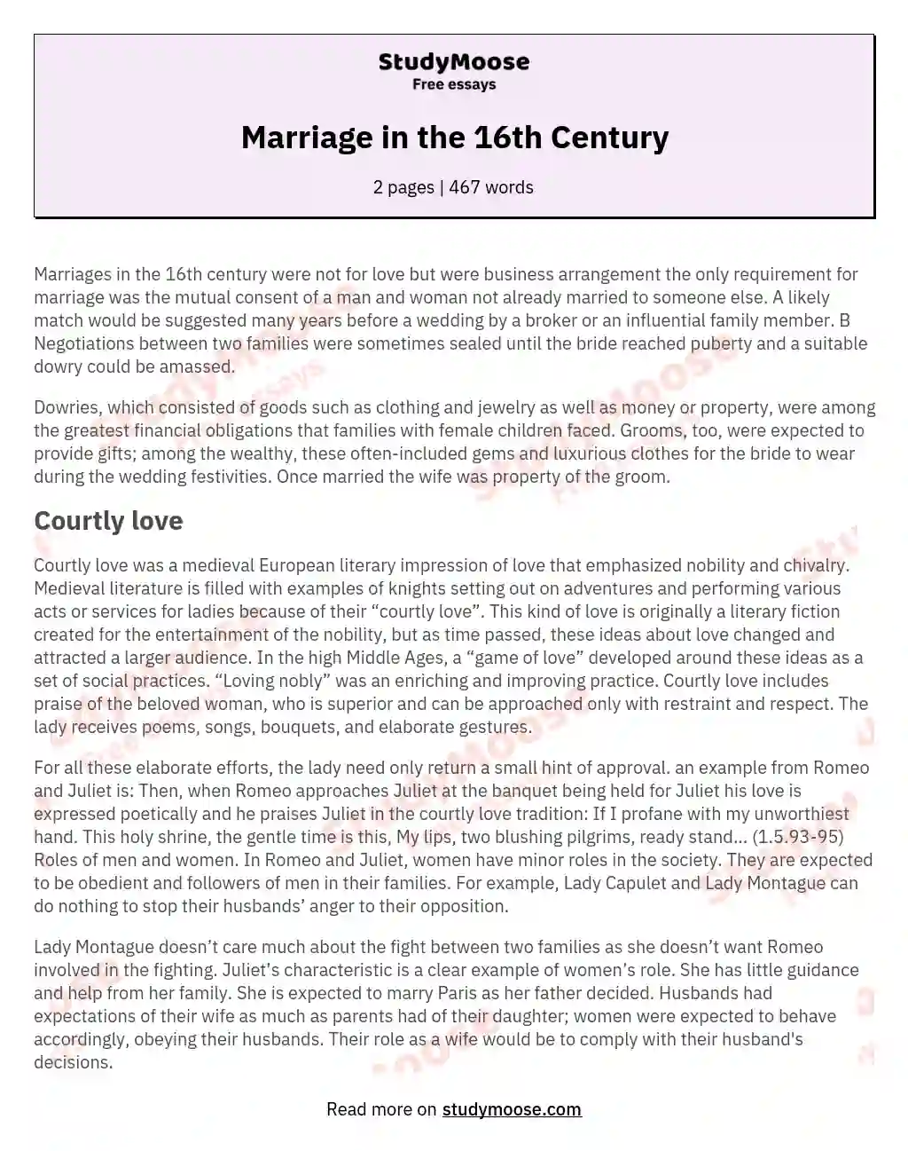 Marriage in the 16th Century essay