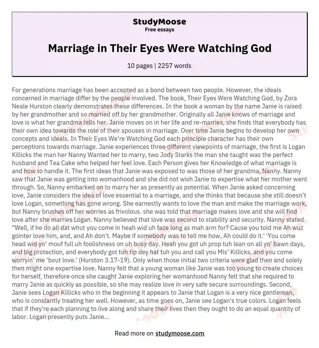 Marriage in Their Eyes Were Watching God essay