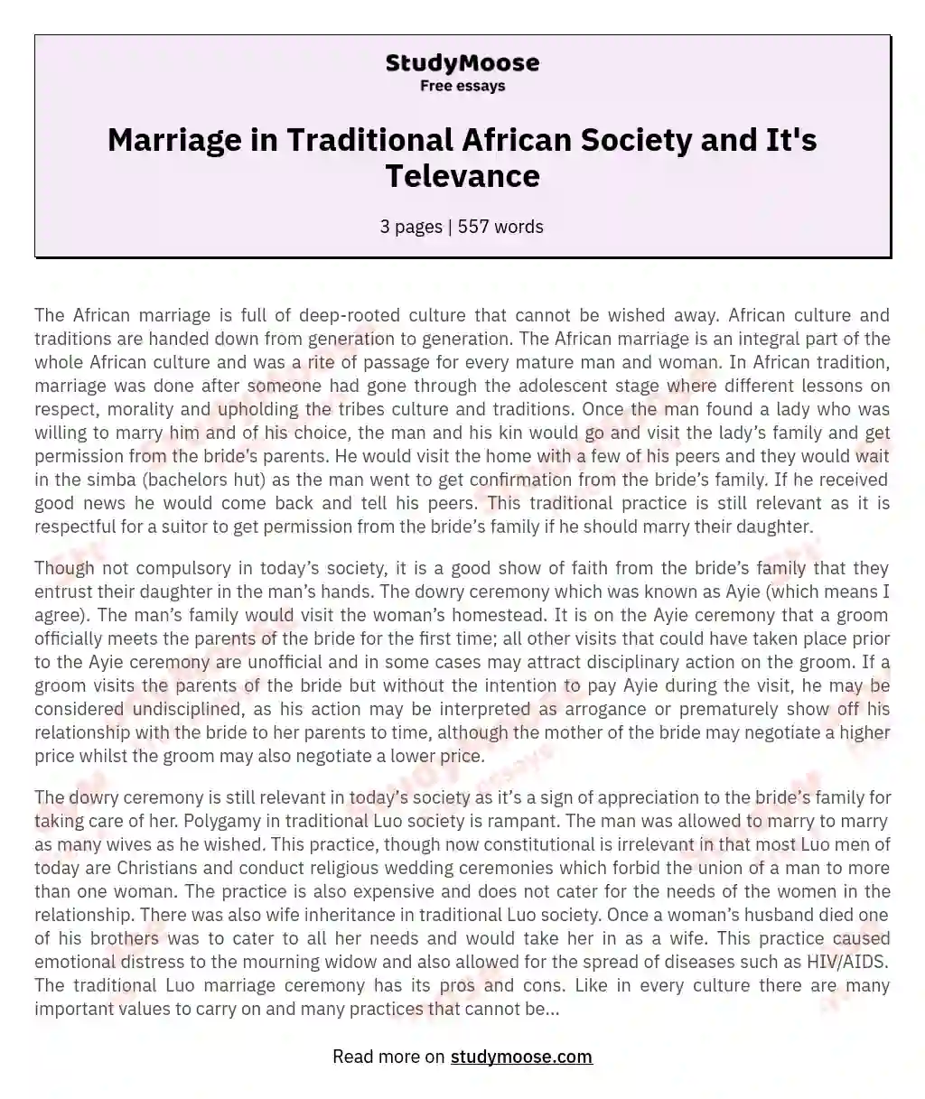 Marriage in Traditional African Society and It's Televance essay