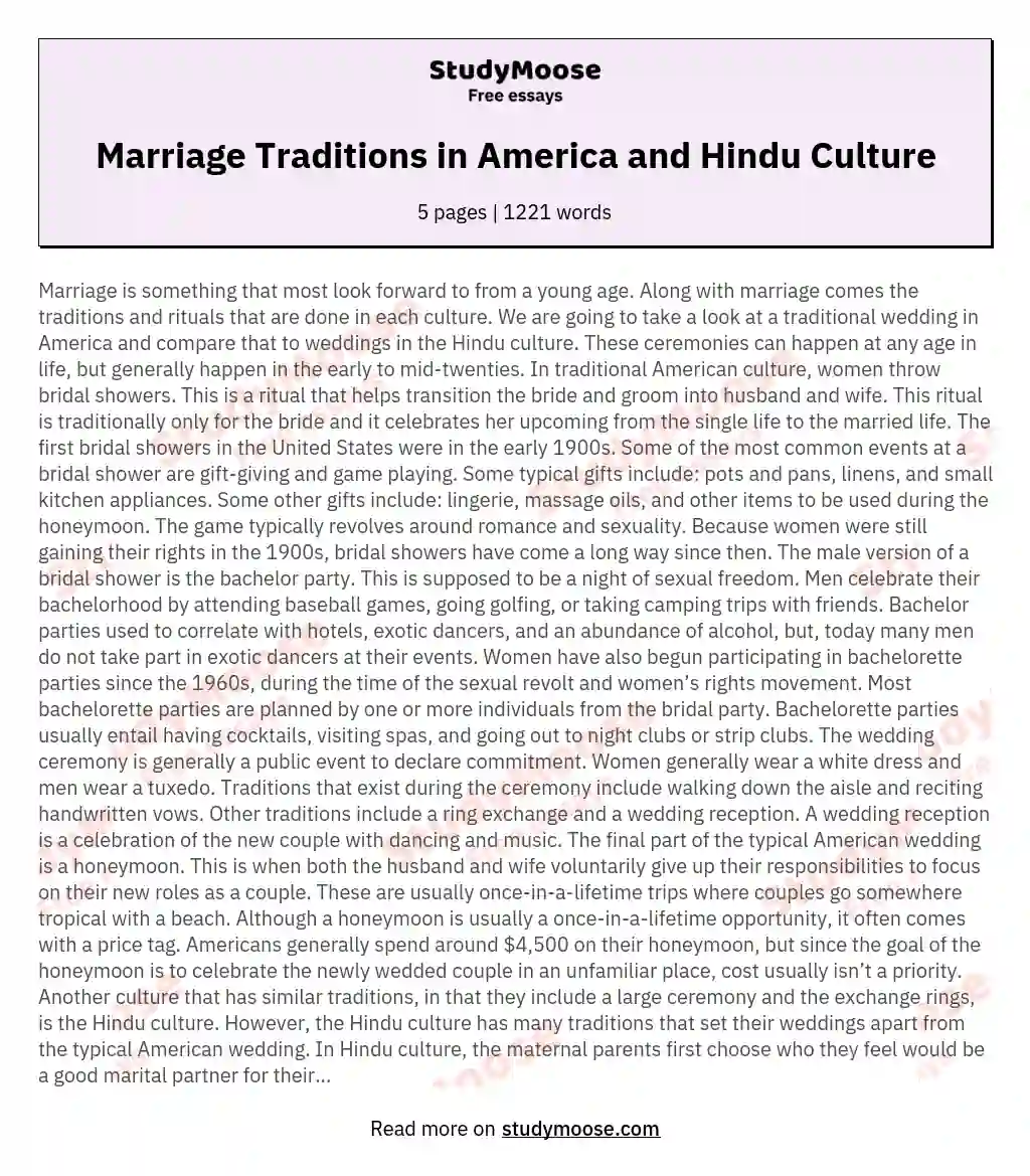 Marriage Traditions in America and Hindu Culture essay
