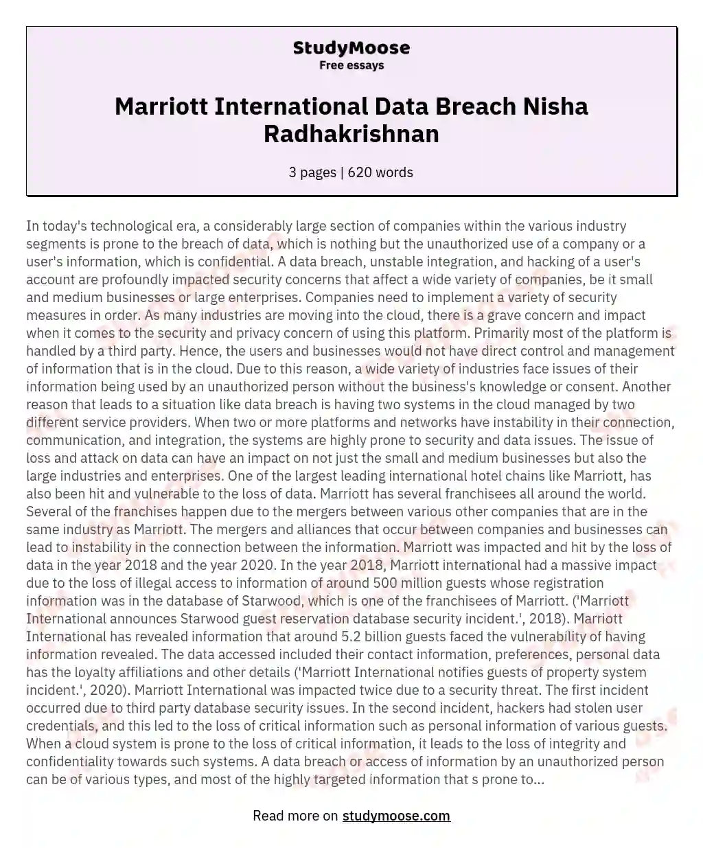 Marriott International Data Breach Nisha Radhakrishnan essay