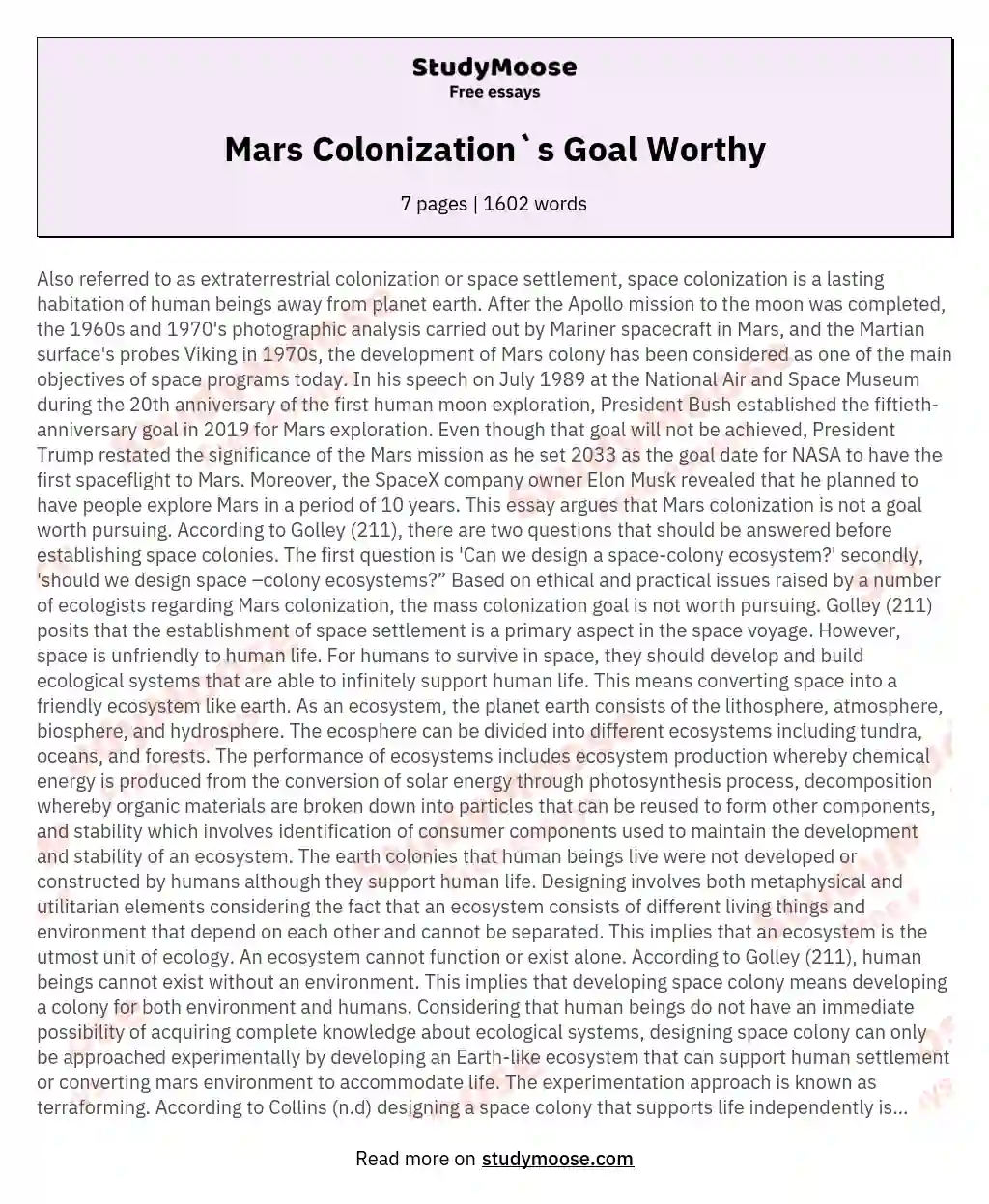 Mars Colonization`s Goal Worthy essay