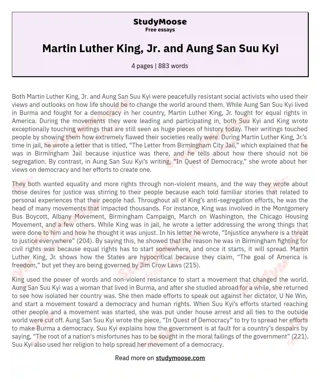 Martin Luther King, Jr. and Aung San Suu Kyi essay