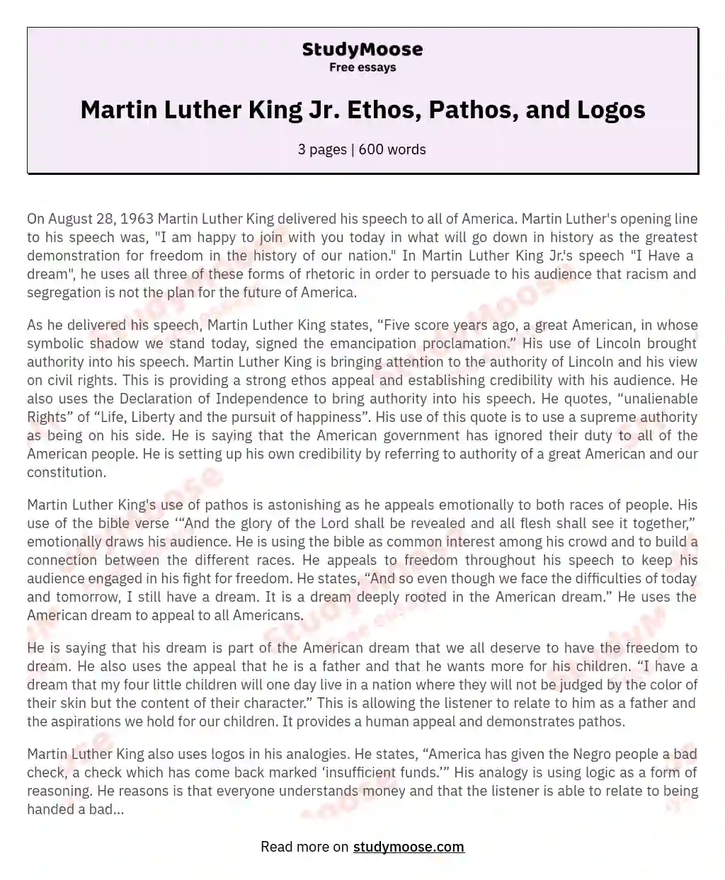 Martin Luther King Jr. Ethos, Pathos, and Logos essay