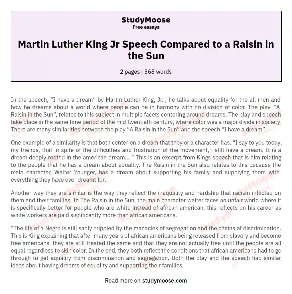Martin Luther King Jr Speech Compared to a Raisin in the Sun