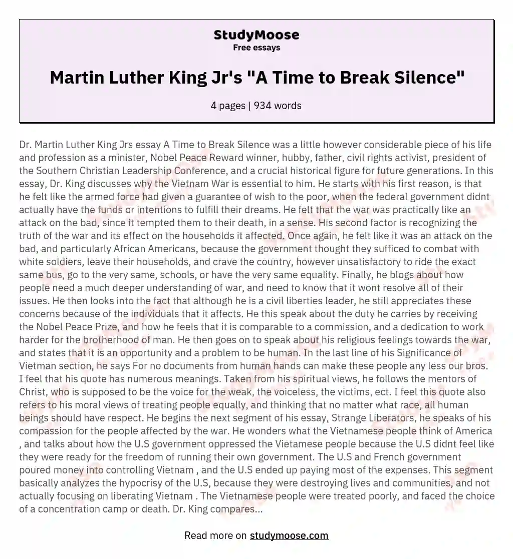 Martin Luther King Jr's "A Time to Break Silence" essay