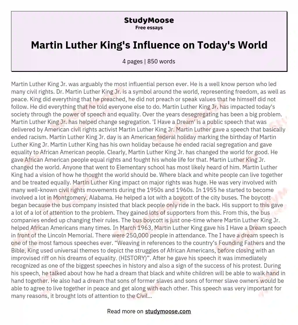 Martin Luther King's Influence on Today's World essay