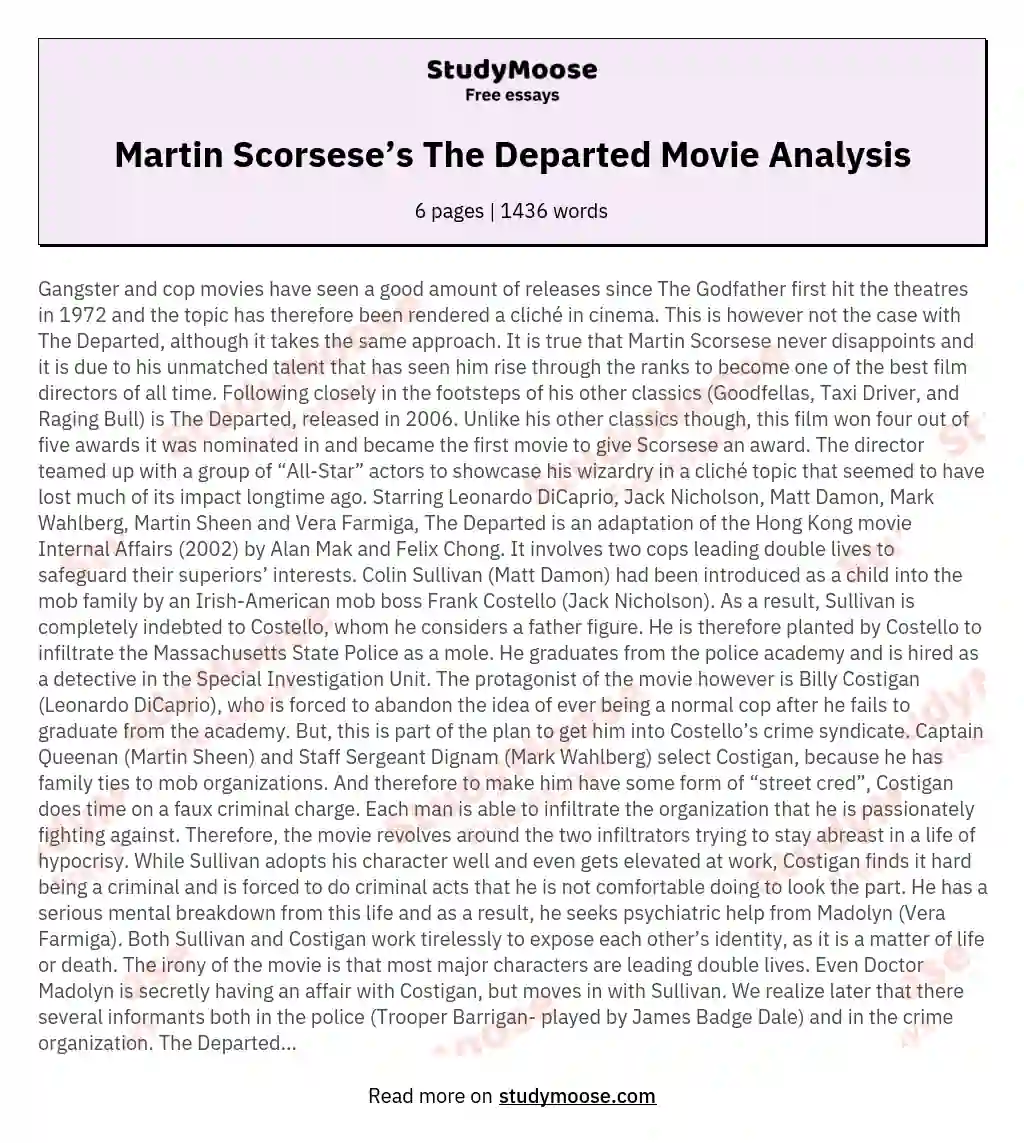Martin Scorsese’s The Departed Movie Analysis essay