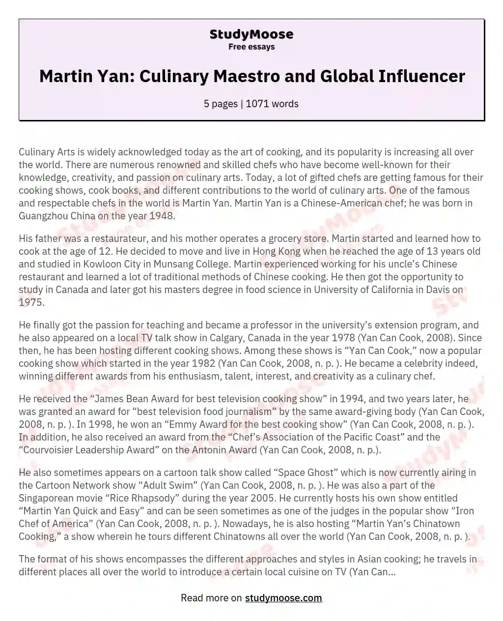 Martin Yan: Culinary Maestro and Global Influencer essay