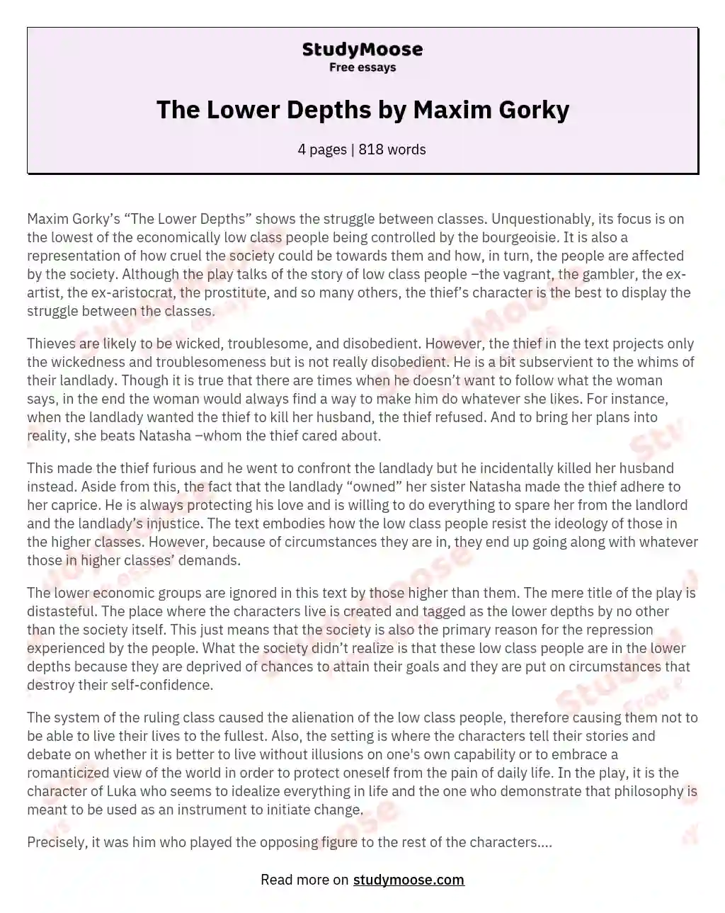 The Lower Depths by Maxim Gorky essay