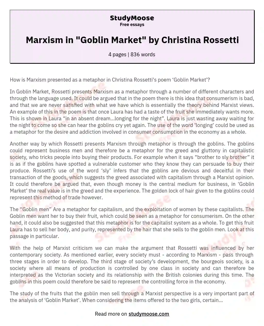 Marxism in "Goblin Market" by Christina Rossetti essay