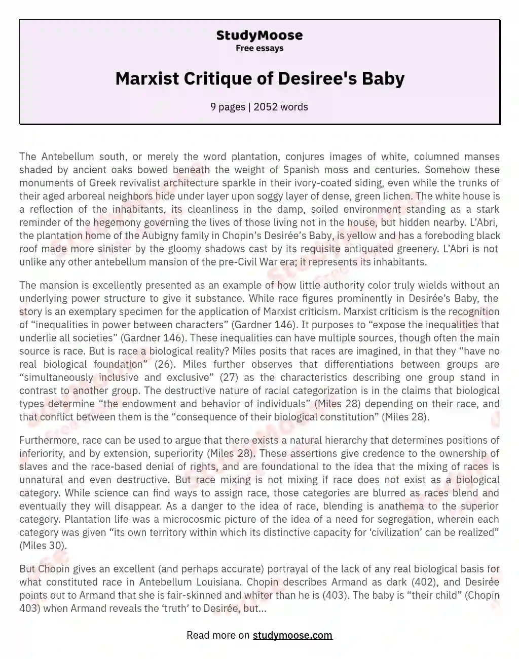 Marxist Critique of Desiree's Baby essay
