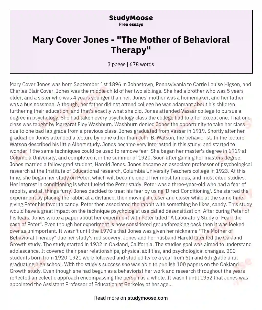 Mary Cover Jones - "The Mother of Behavioral Therapy" essay