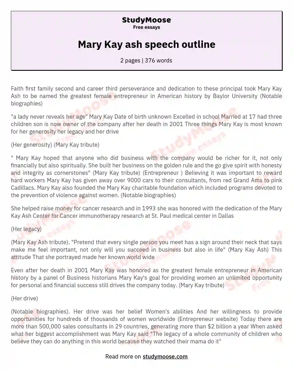 Mary Kay ash speech outline