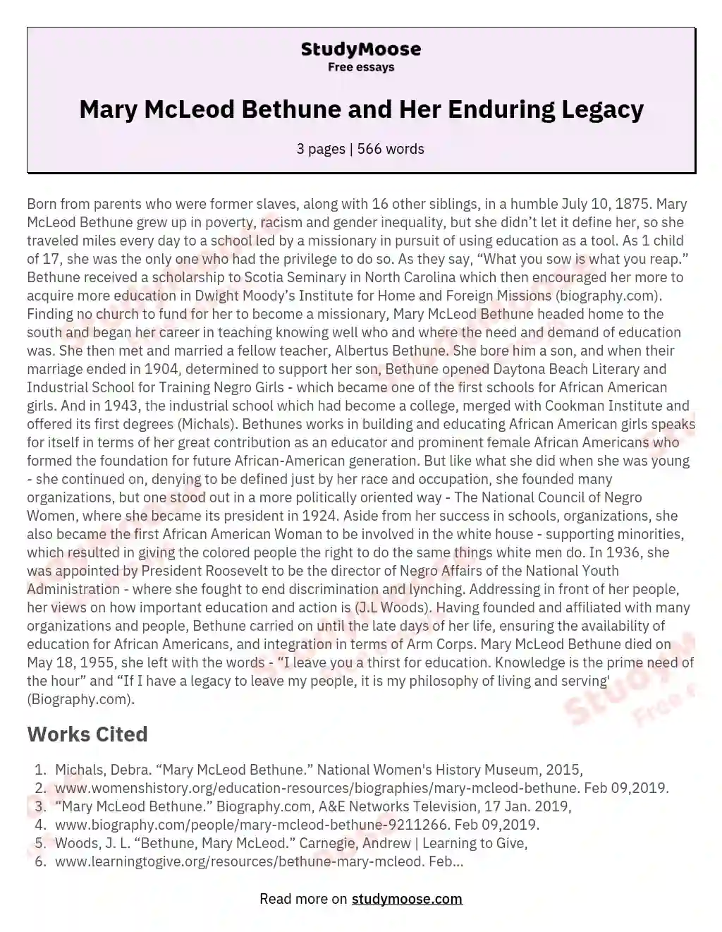 Mary McLeod Bethune and Her Enduring Legacy essay
