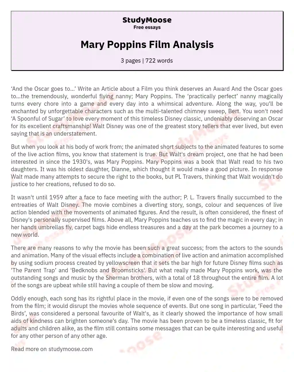 Mary Poppins Film Analysis essay