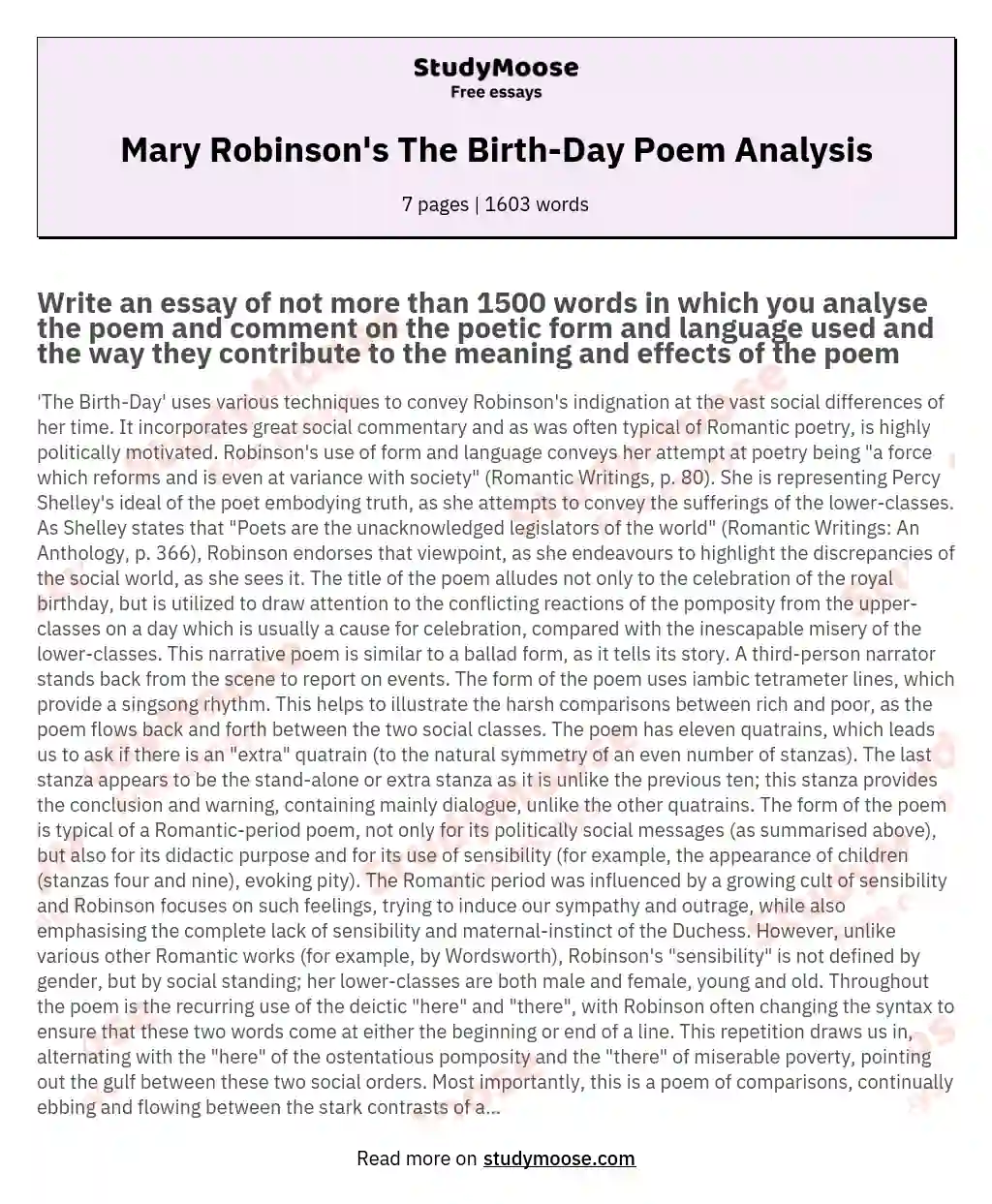 Mary Robinson's The Birth-Day Poem Analysis essay