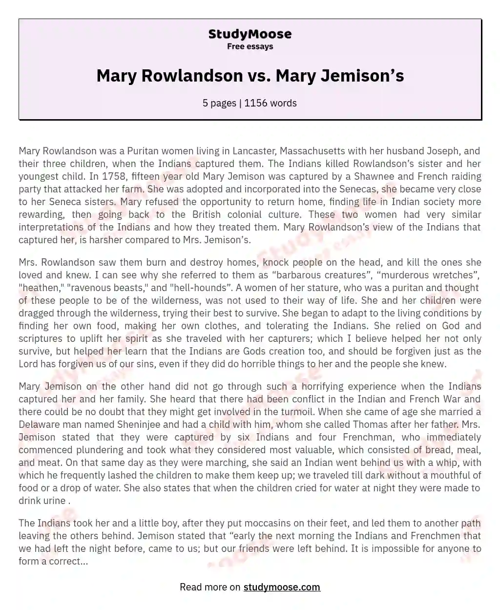Mary Rowlandson vs. Mary Jemison’s essay