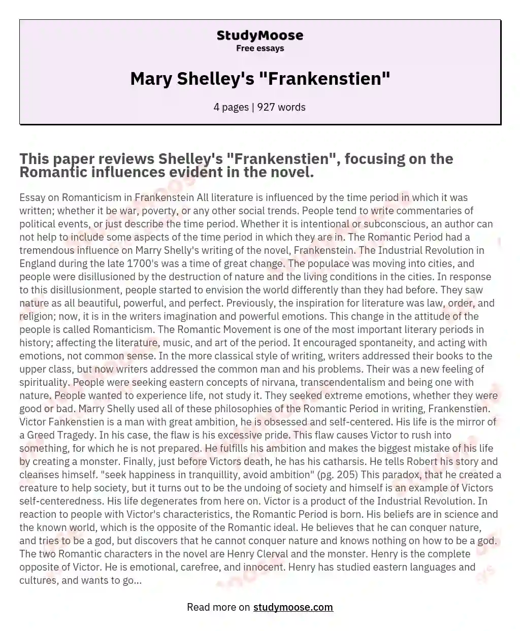Mary Shelley's "Frankenstien" essay