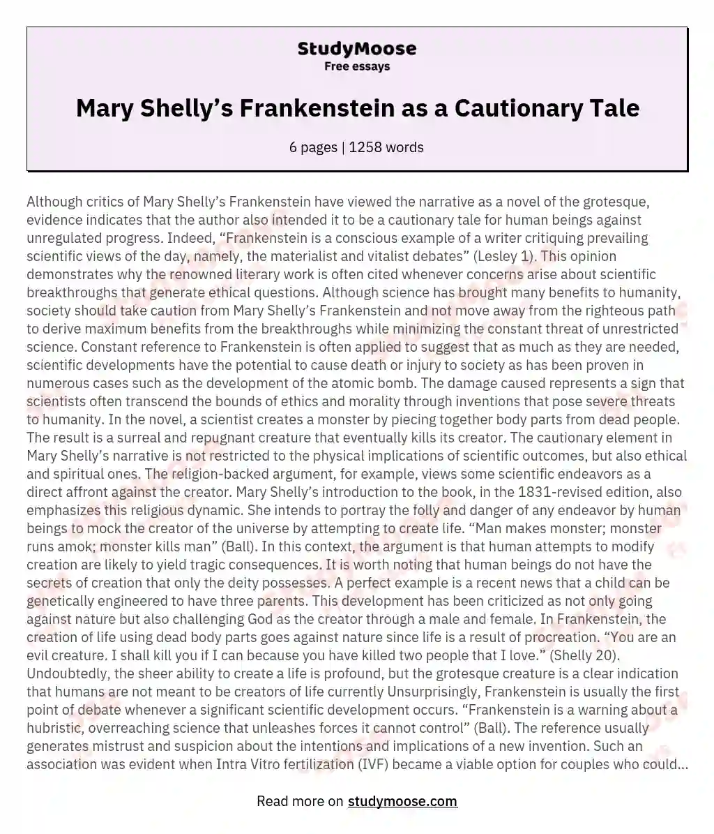 Mary Shelly’s Frankenstein as a Cautionary Tale essay