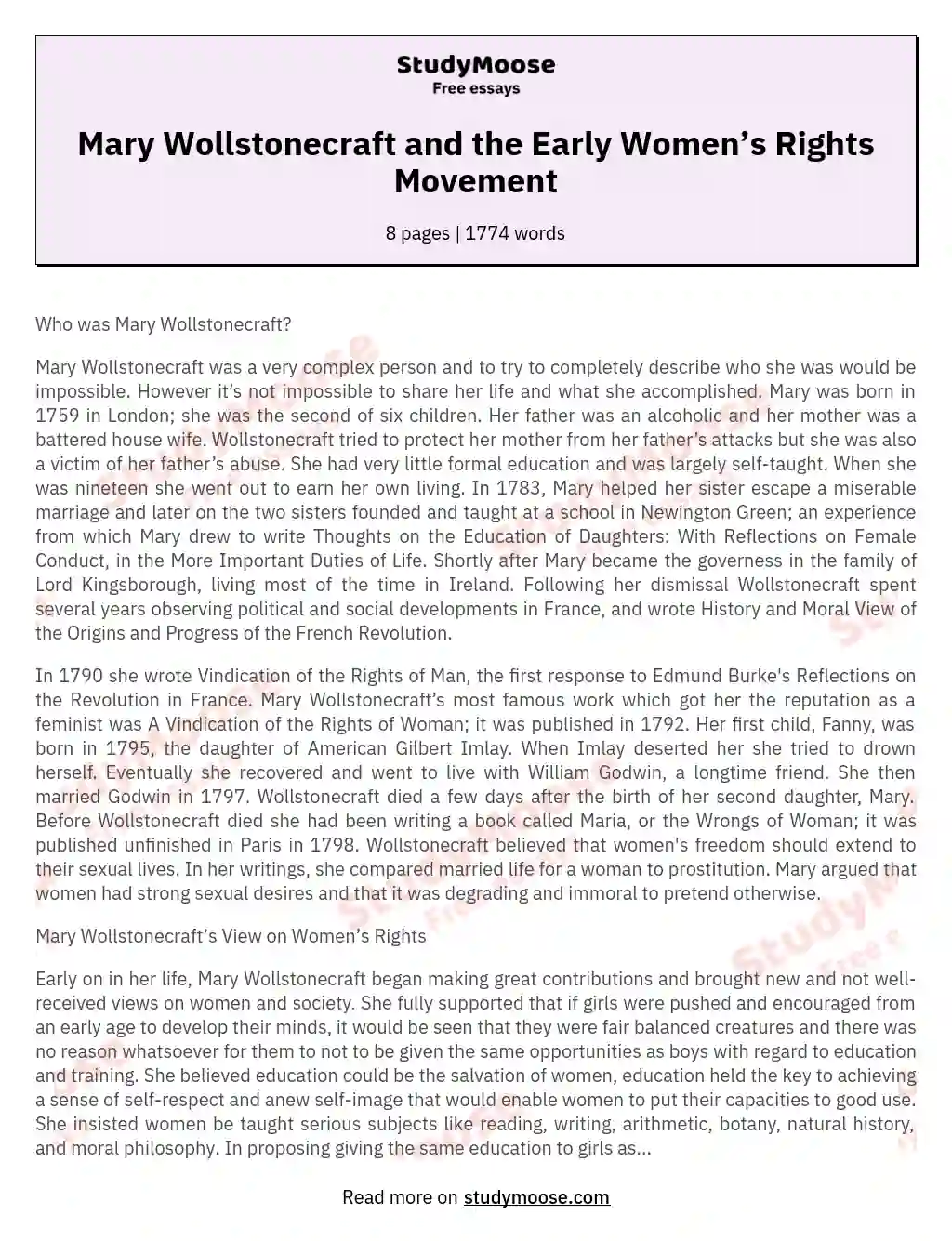 Mary Wollstonecraft and the Early Women’s Rights Movement essay