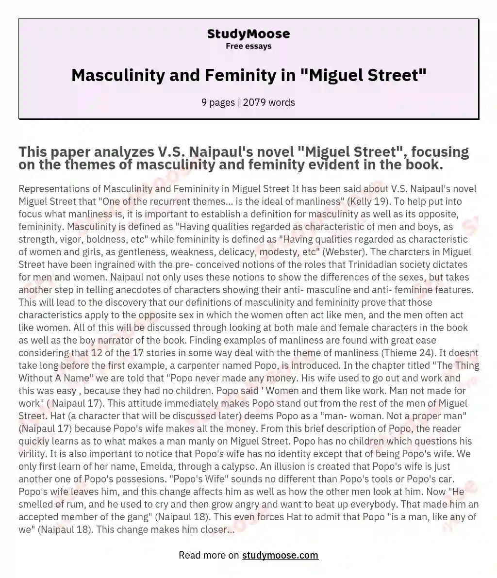 Masculinity and Feminity in "Miguel Street" essay