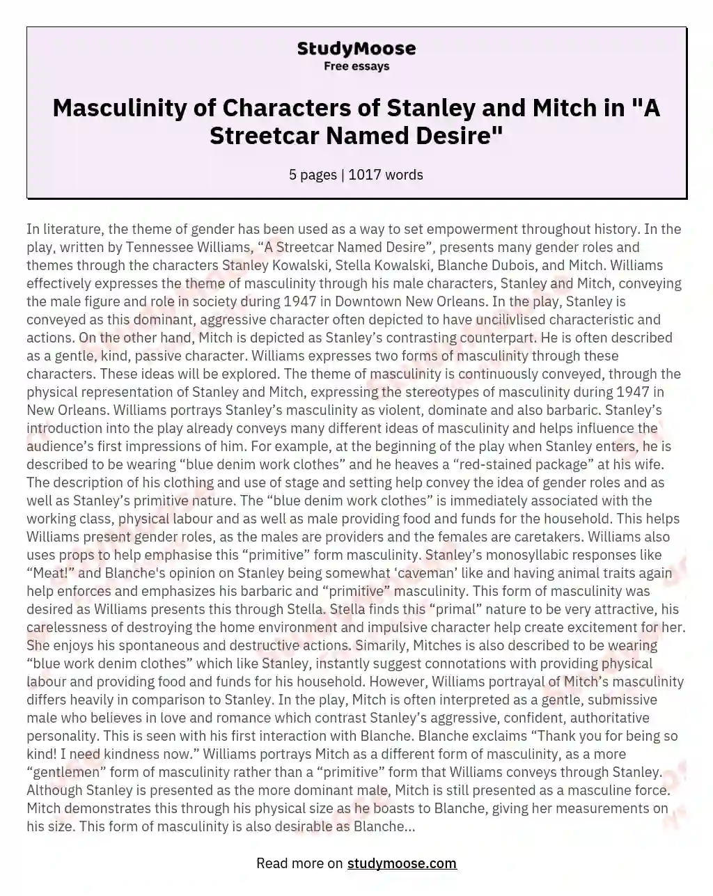 Masculinity of Characters of Stanley and Mitch in "A Streetcar Named Desire"