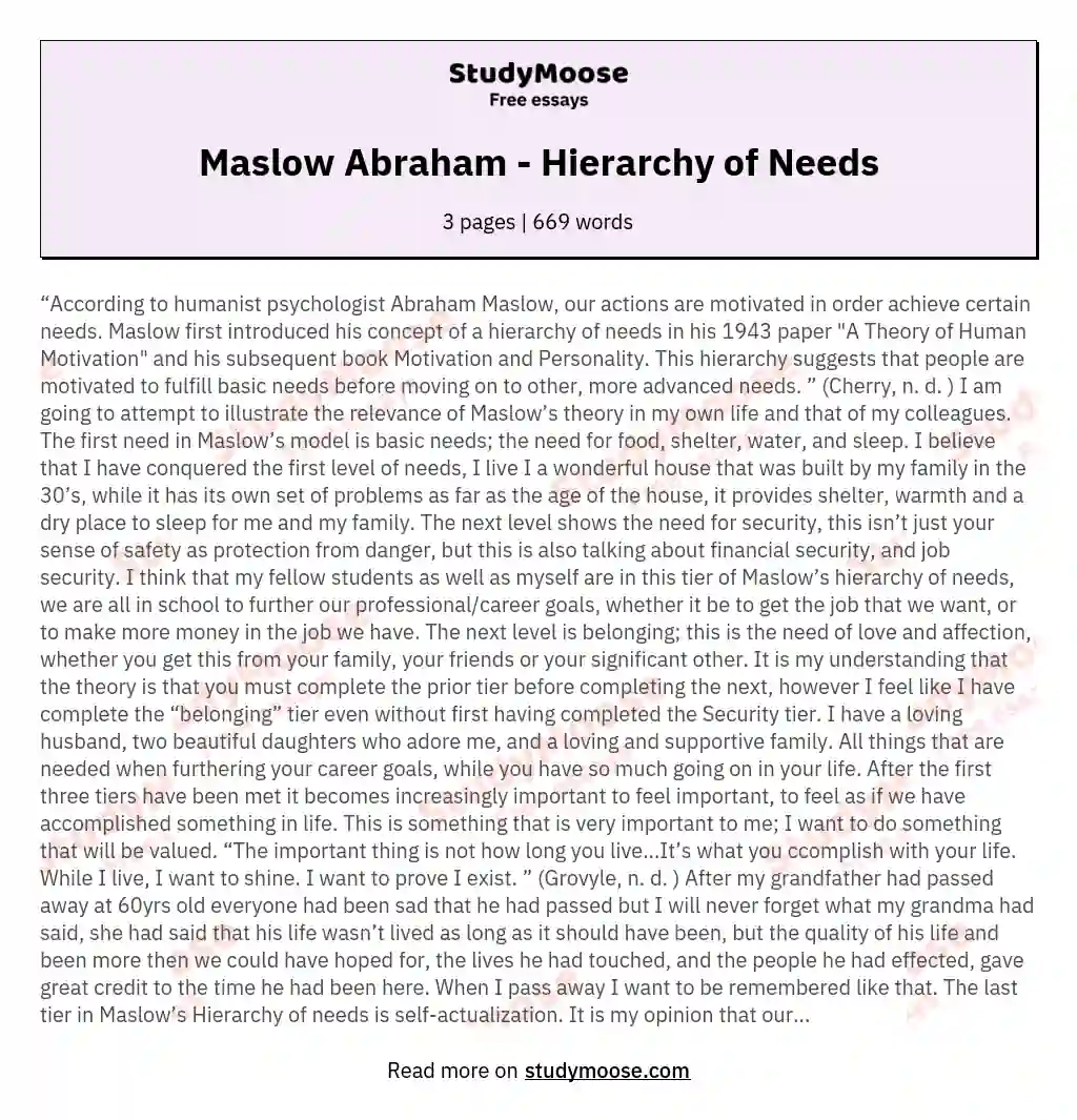 Maslow Abraham - Hierarchy of Needs essay