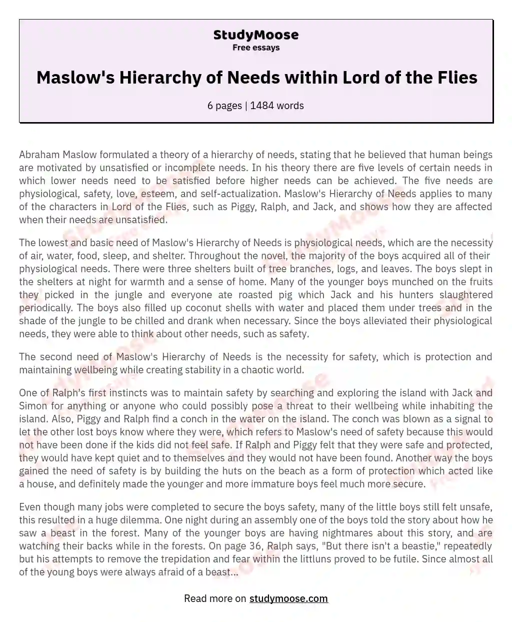 Maslow's Hierarchy of Needs within Lord of the Flies essay