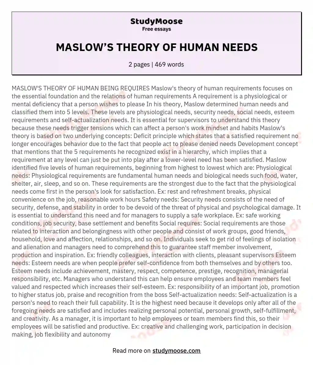 MASLOW’S THEORY OF HUMAN NEEDS essay