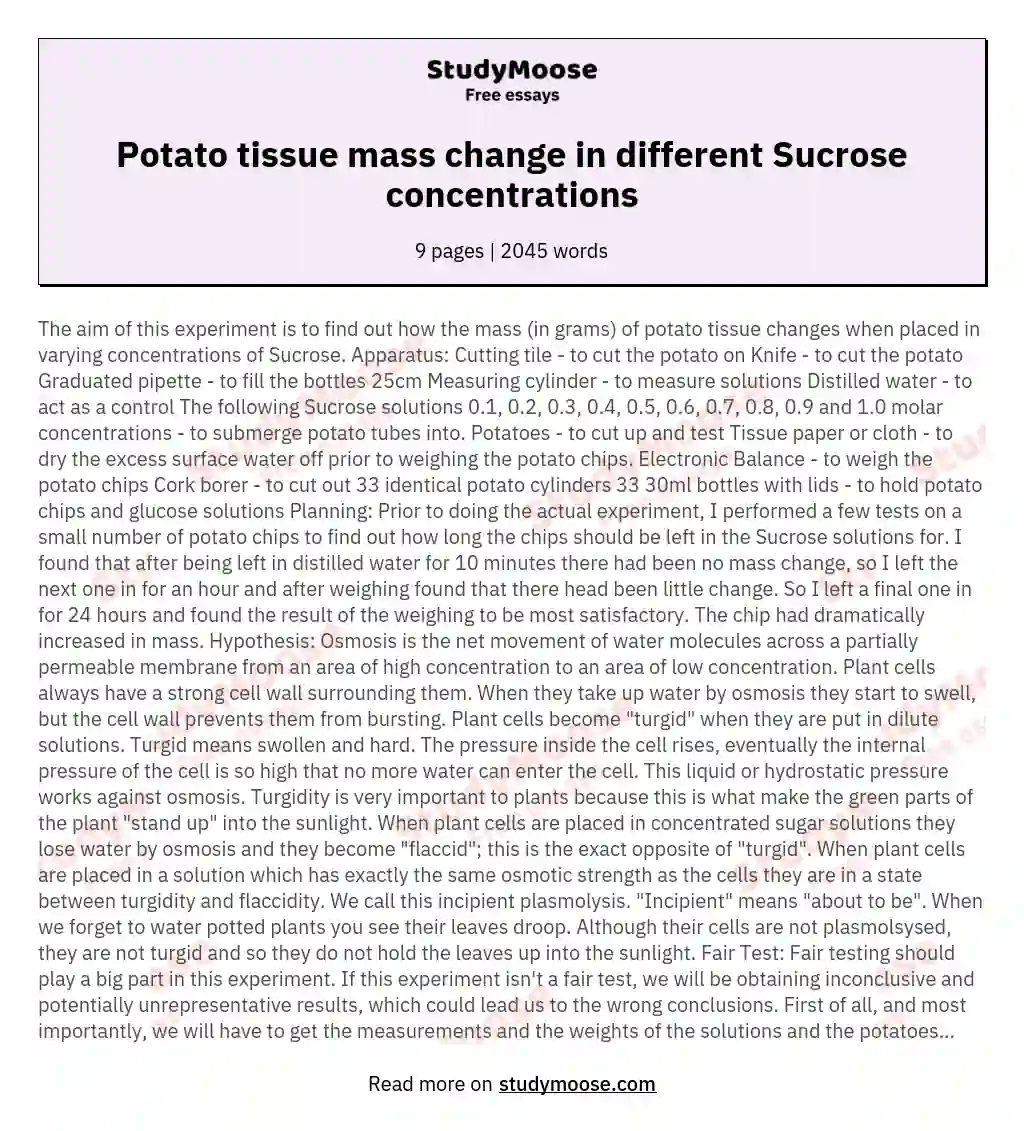 How the mass (in grams) of potato tissue changes when placed in varying concentrations of Sucrose?