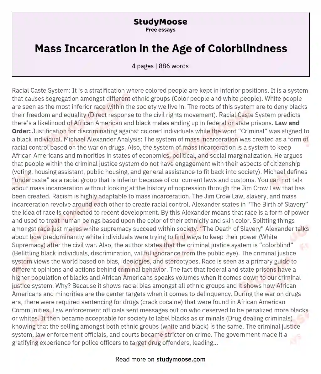Mass Incarceration in the Age of Colorblindness essay